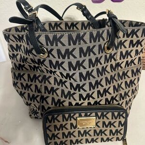 Michael Kors Beige and Black MK Logo Shoulder Tote with Matching Wallet